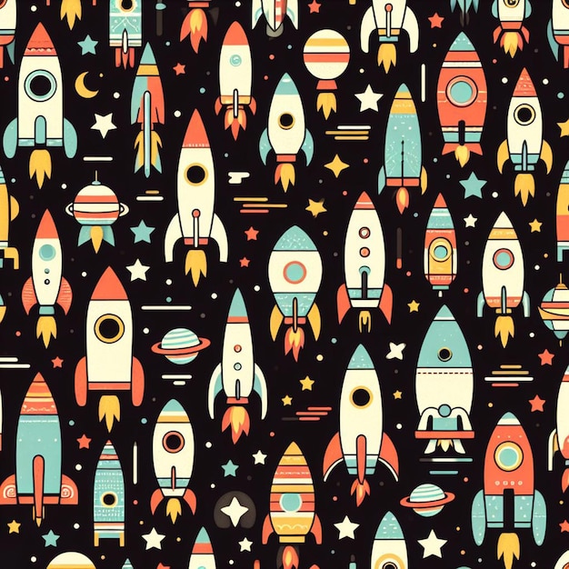 PSD hyperrealistic seamless space colorful vector pattern texture fabric rockets ufo astronauts alien