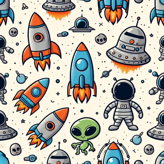 PSD hyperrealistic seamless space colorful vector pattern texture fabric rockets ufo astronauts alien