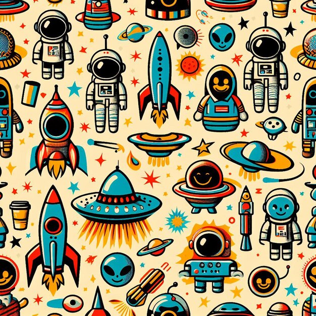 PSD hyperrealistic seamless space colorful vector pattern texture fabric rockets ufo astronauts alien