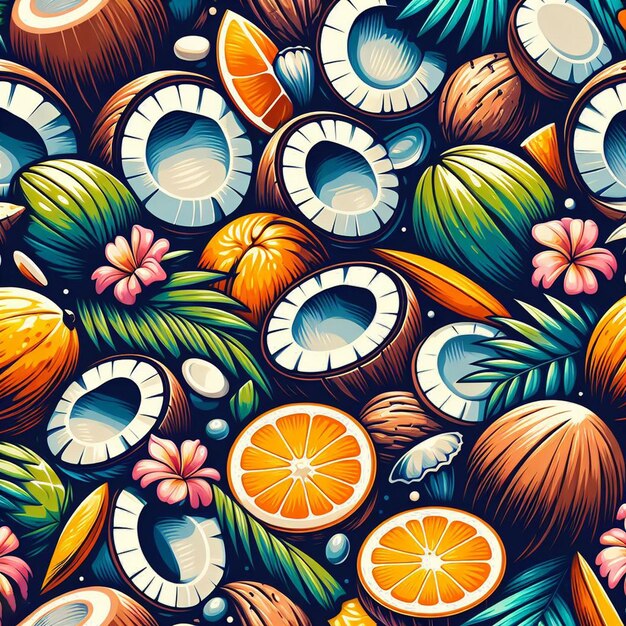 PSD hyperrealistic seamless tropical colorful vector pattern texture fabric coconut fruit palmtree