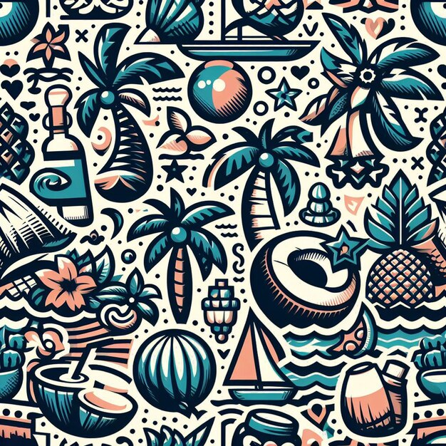 PSD hyperrealistic seamless tropical colorful vector pattern texture fabric coconut fruit palmtree