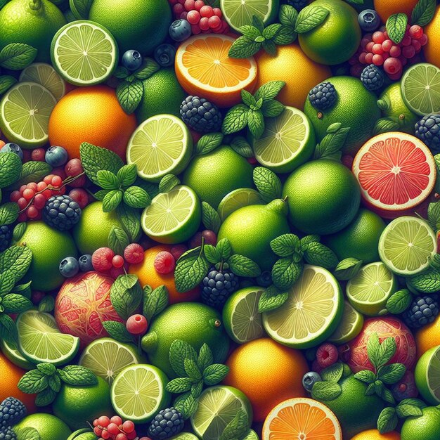 Hyperrealistic seamless tropical fruity green yellow red lemon limes fruit texture pattern fabric