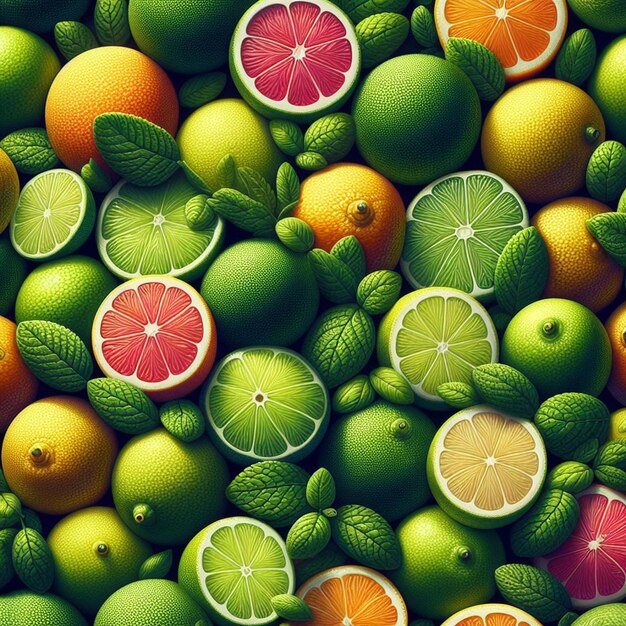 PSD hyperrealistic seamless tropical fruity green yellow red lemon limes fruit texture pattern fabric