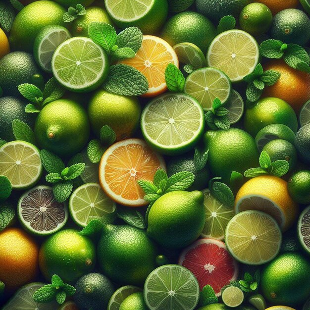 PSD hyperrealistic seamless tropical fruity green yellow red lemon limes fruit texture pattern fabric