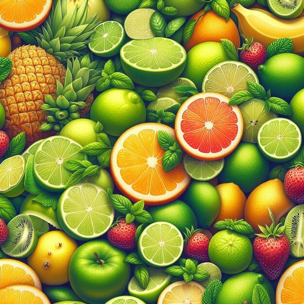 PSD hyperrealistic seamless tropical fruity green yellow red lemon limes fruit texture pattern fabric