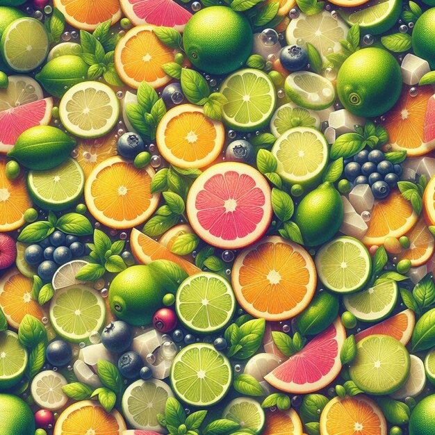 PSD ハイパーリアルなシームレス トロピカル フルーティ 緑 黄色 赤 レモン ライム フルーツ 質感 パターン 織物