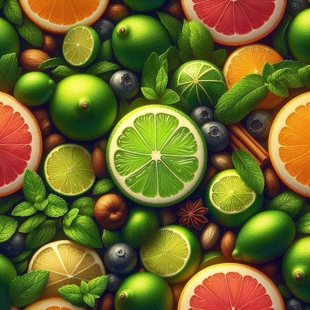 PSD hyperrealistic seamless tropical fruity green yellow red lemon limes fruit texture pattern fabric