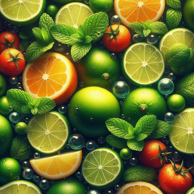 Hyperrealistic seamless tropical fruity green yellow red lemon limes fruit texture pattern fabric