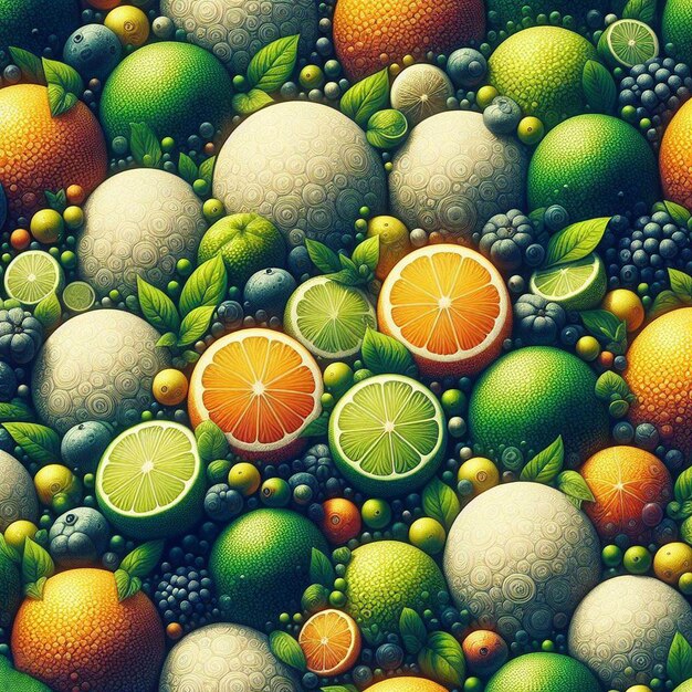 PSD hyperrealistic seamless tropical fruity green yellow red lemon limes fruit texture pattern fabric