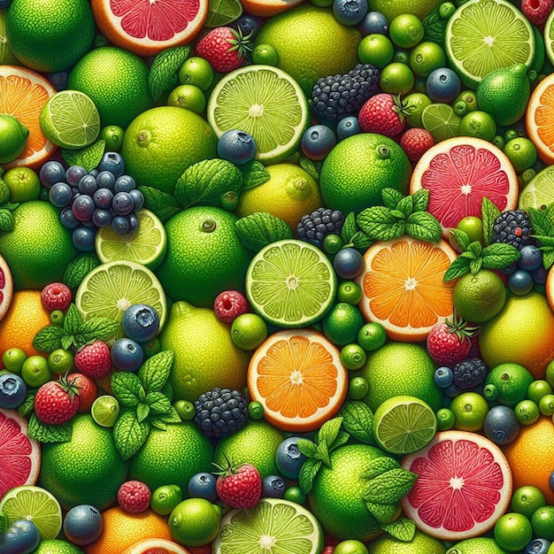 PSD hyperrealistic seamless tropical fruity green yellow red lemon limes fruit texture pattern fabric