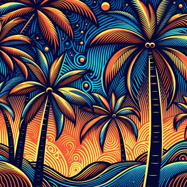 PSD hyperrealistic tropical exotic colorful coconut palm tree beach pattern transparent background pic