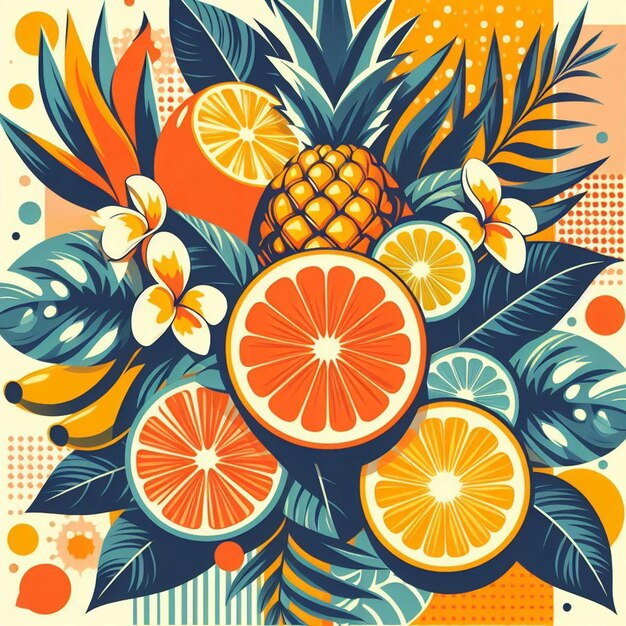 초현실적인 열대 이국적인 신선한 다채로운 과일 과일 음식 패턴 투명한 배경 사진