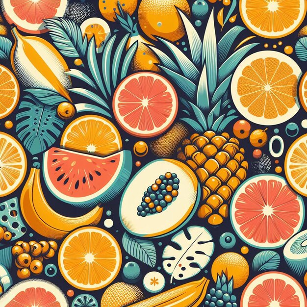 PSD hyperrealistic tropical exotic fresh colorful fruit fruits food pattern transparent background pic