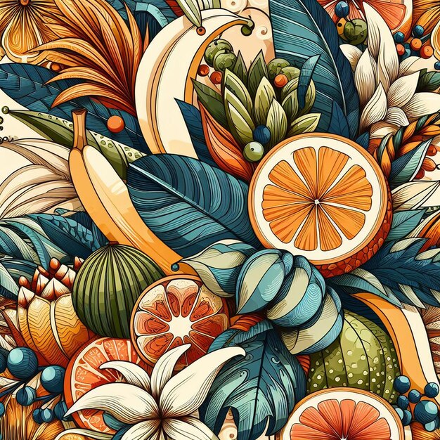 Hyperrealistic tropical exotic fresh colorful fruit fruits food pattern transparent background pic