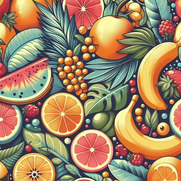 PSD hyperrealistic tropical exotic fresh colorful fruit fruits food pattern transparent background pic