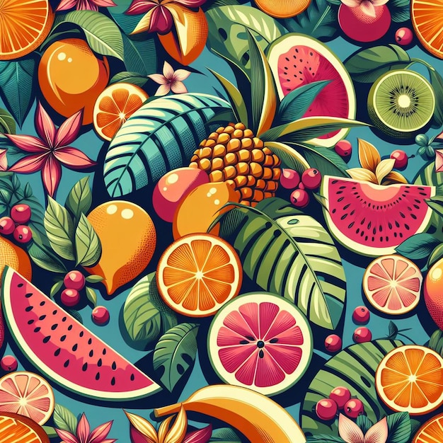 PSD 超現実的な熱帯エキゾチックな新鮮なカラフルな果物 フルーツ 食品パターン 透明な背景写真