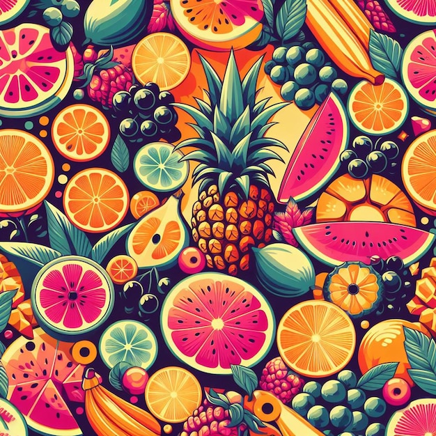 PSD 超現実的な熱帯エキゾチックな新鮮なカラフルな果物 フルーツ 食品パターン 透明な背景写真