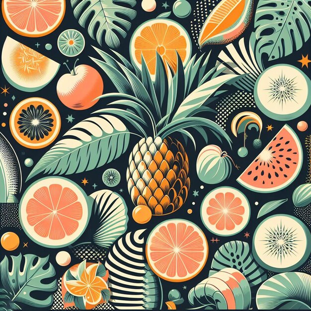 PSD hyperrealistic tropical exotic fresh colorful fruit fruits food pattern transparent background pic