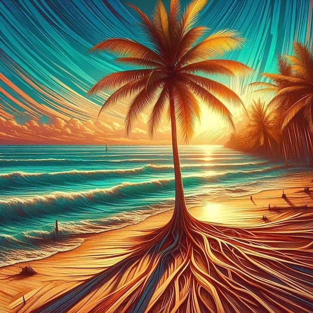 PSD hyperrealistic vector art illustration caribbean coconut palmtree beach sunset poster background