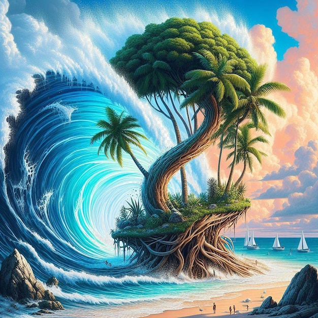 PSD ハイパーリアリズム ベクトルアート イラスト カリブ海のココナッツ パームツリー ビーチ 夕暮れ ポスター 背景