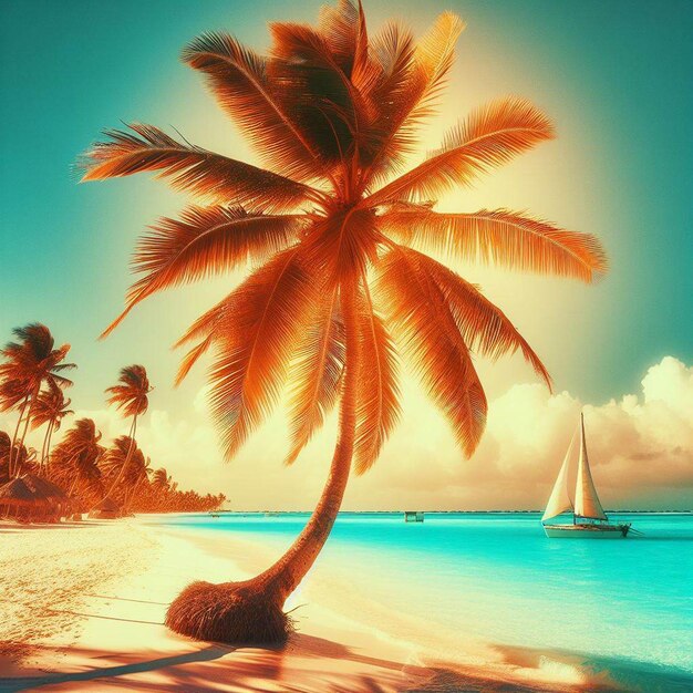 PSD hyperrealistic vector art illustration caribbean coconut palmtree beach sunset poster background