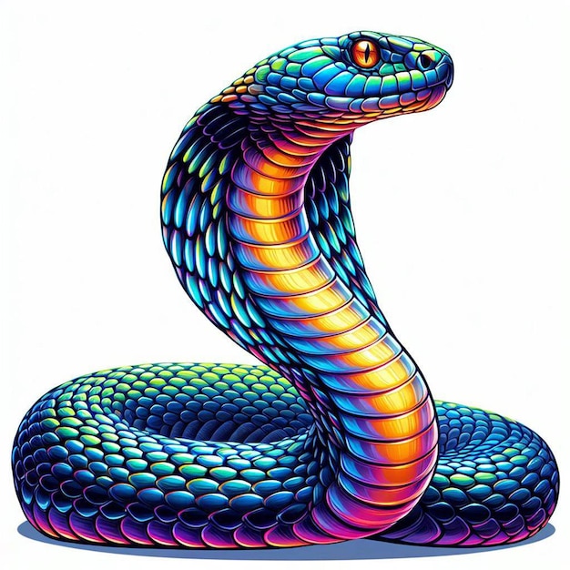 PSD ハイパーリアルなベクトルアートイラスト 白い背景に隔離されたカラフルなアフリカのキングコブラ