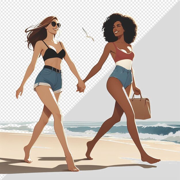 PSD arte vettoriale iperrealistica illustrazione della diversità femminile sorellanza amicizia spiaggia tramonto oceano