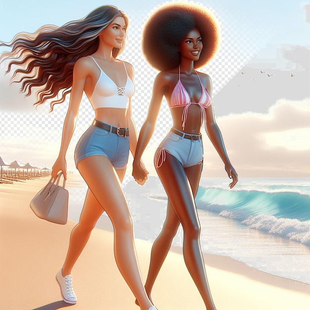 PSD hyperrealistic vector art illustration of female diversity sisterhood friendship beach sunset ocean