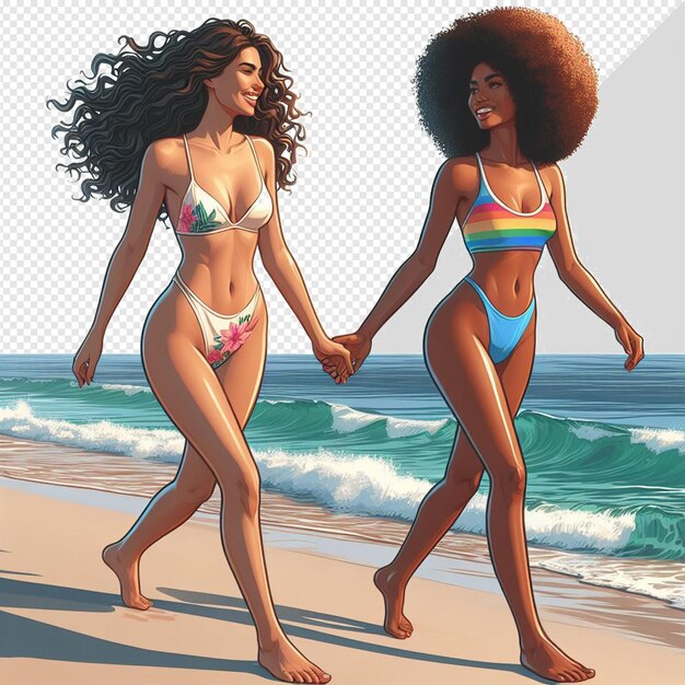 PSD hyperrealistic vector art illustration of female diversity sisterhood friendship beach sunset ocean