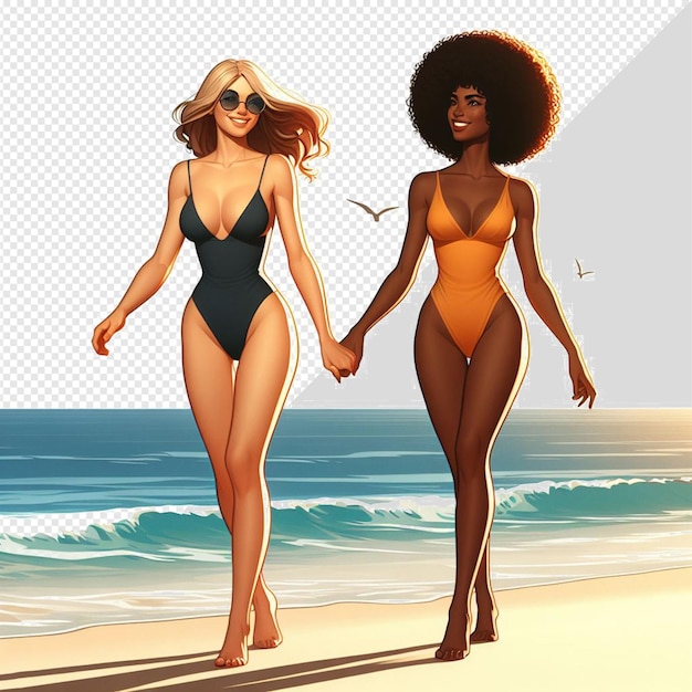 PSD arte vettoriale iperrealistica illustrazione della diversità femminile sorellanza amicizia spiaggia tramonto oceano