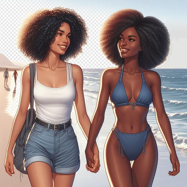 PSD hyperrealistic vector art illustration of female diversity sisterhood friendship beach sunset ocean