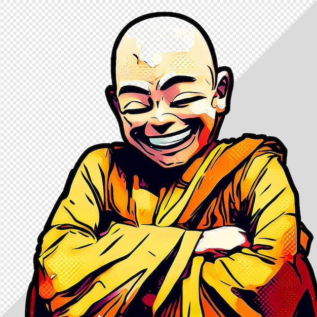 PSD hyperrealistic vector art illustration laughing monk buddhist isolated transparent background avatar