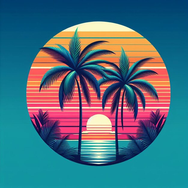 PSD hyperrealistic vector art illustration tropical caribbean palm coconut palm tree beach sunset poster