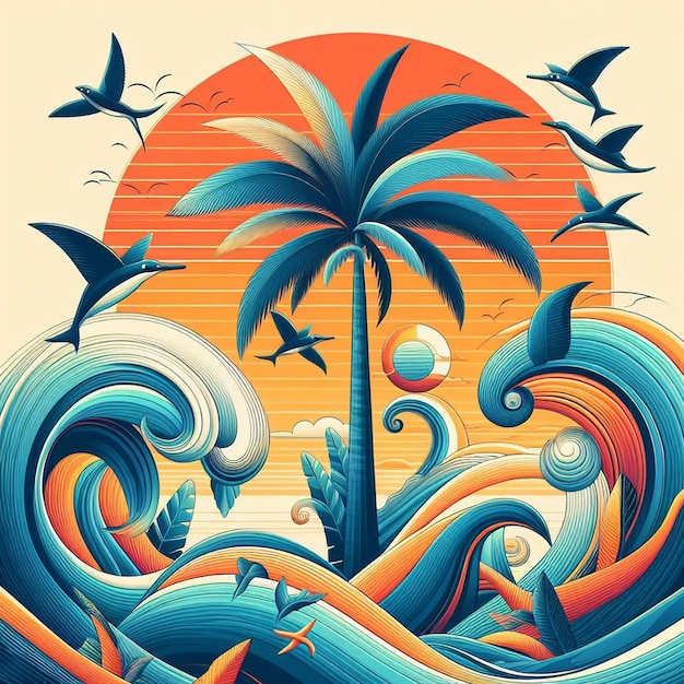 PSD 超現実的なベクトルアート イラスト 熱帯のカリブ海のパーム ココナッツ パームの木 ビーチの夕暮れポスター