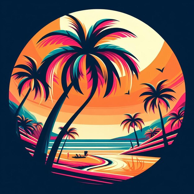 PSD hyperrealistic vector art illustration tropical caribbean palm coconut palm tree beach sunset poster