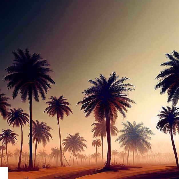 Hyperrealistic vector art illustration tropical caribbean palm coconut palm tree beach sunset poster