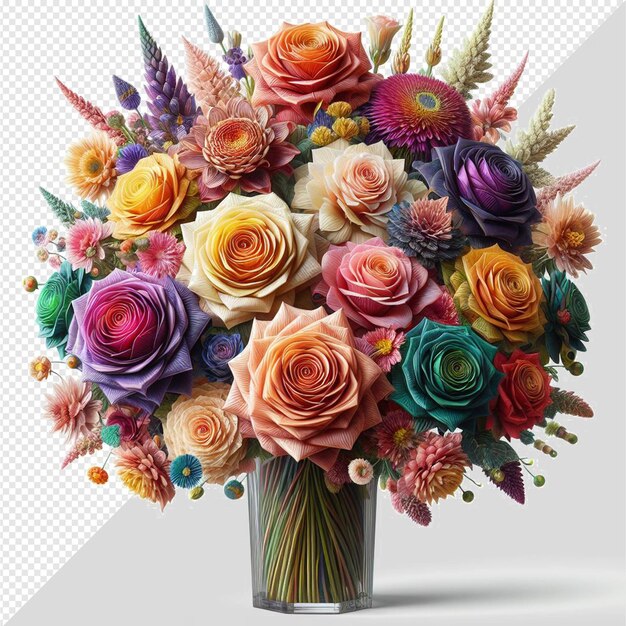 PSD 초현실적인 터 일러스트레이션 꽃줄기 다채로운 꽃 장미 고립된 투명한 배경