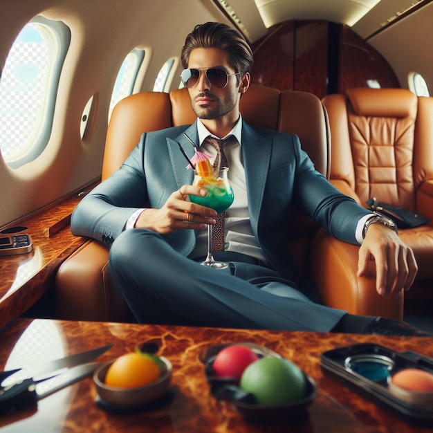 Hyperrealistic vector illustration of mafiosi sits in a private jet in a business suit cocktail