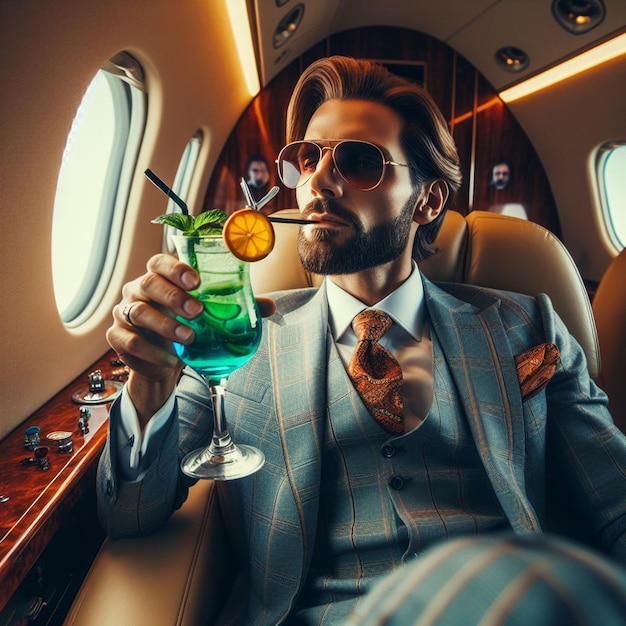 PSD hyperrealistic vector illustration of mafiosi sits in a private jet in a business suit cocktail