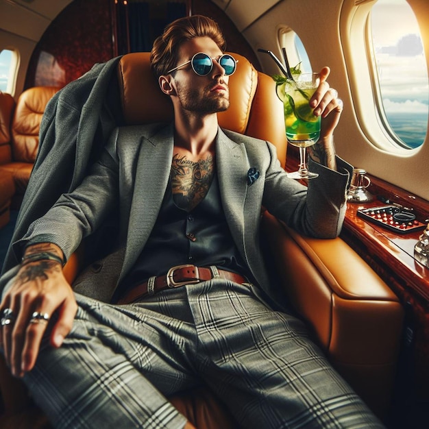Hyperrealistic vector illustration of mafiosi sits in a private jet in a business suit cocktail