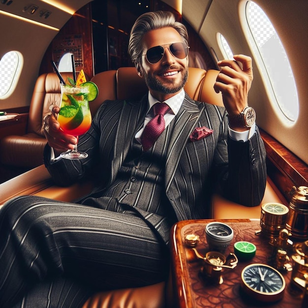 PSD illustrazione vettoriale iperrealistica di mafiosi seduti in un jet privato in un abito da lavoro cocktail