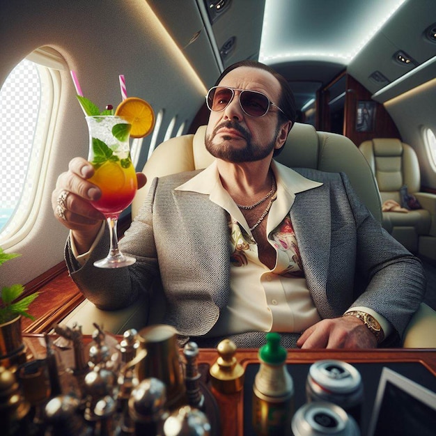 Hyperrealistic vector illustration of mafiosi sits in a private jet in a business suit cocktail