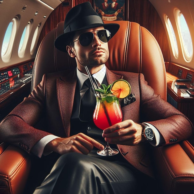 PSD illustrazione vettoriale iperrealistica di mafiosi seduti in un jet privato in un abito da lavoro cocktail