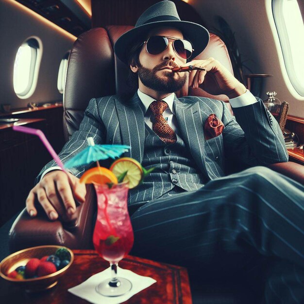 PSD hyperrealistic vector illustration of mafiosi sits in a private jet in a business suit cocktail