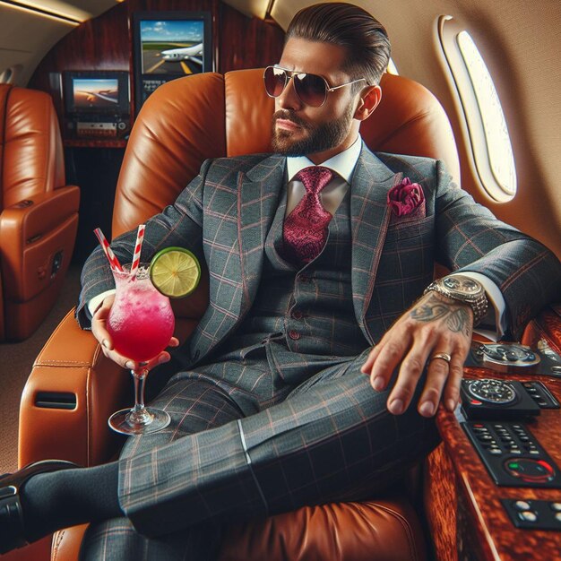 PSD hyperrealistic vector illustration of mafiosi sits in a private jet in a business suit cocktail