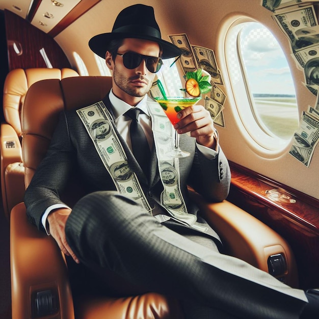 PSD hyperrealistic vector illustration of mafiosi sits in a private jet in a business suit cocktail