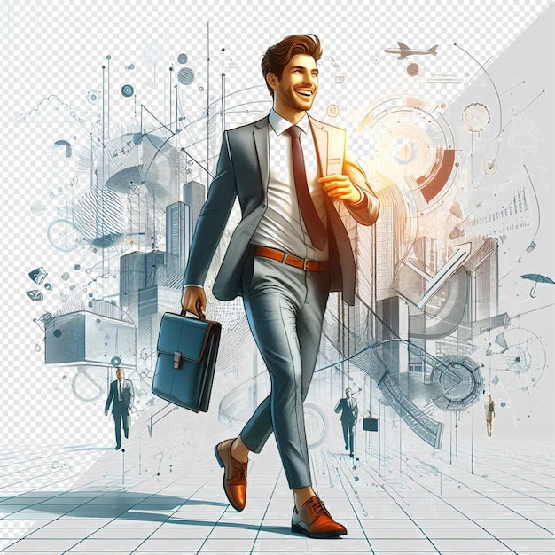 PSD hyperrealistic vector illustration model in business suit walking successful transparent background