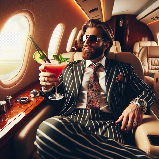 マフィオシがビジネススーツを着てプライベートジェットに座っている超現実的なベクトルイラスト