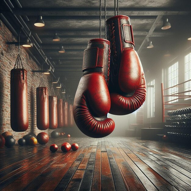 PSD hyperrealistic vector illustration red suspended boxing gloves gym sport transparent background