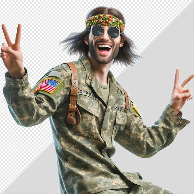 PSD 하이퍼 리얼리즘 전쟁 평화 히피 군인 유니폼 미국 군대 애국자 투명한 배경